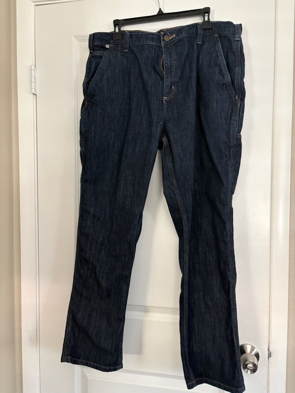 Carhartt Indigo Denim  Men fire rated carpenter pants with Orange Logo Patch